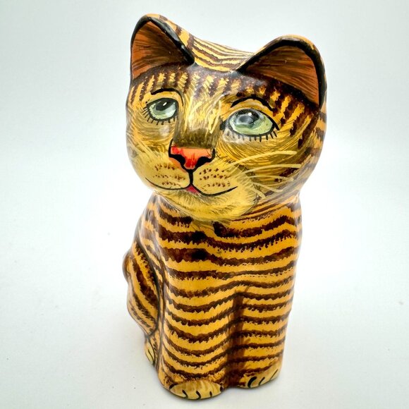 Hand-Painted Ceramic Striped Cat Figurines Set Of 2 Handmade In Kashmir Gift - Picture 8 of 14